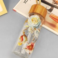 Borosilicate glass water bottle with bamboo lid reusable glass water bottles with decal  500ml